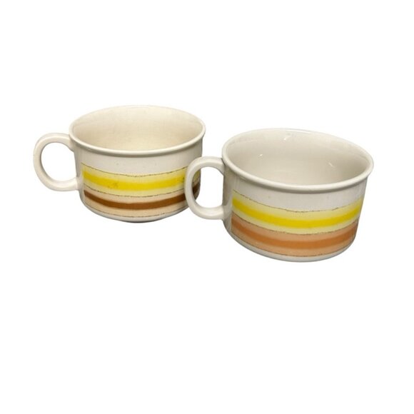 Vintage Striped Yellow and Tan Stoneware Soup Bowl Mug X 2 - Picture 4 of 6